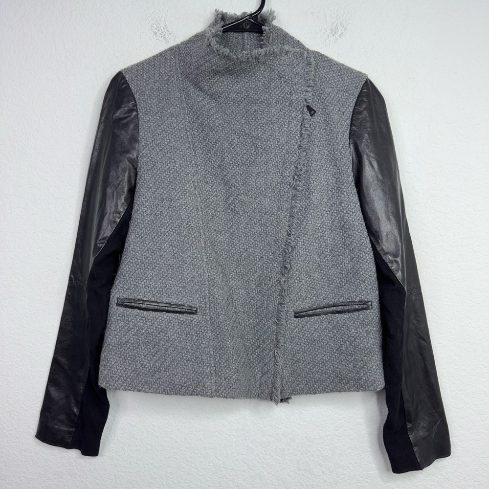 Vince Jacket Womens L Gray Wool Lamb Leather Asymmetrical Boucle Luxe Scuba Moto